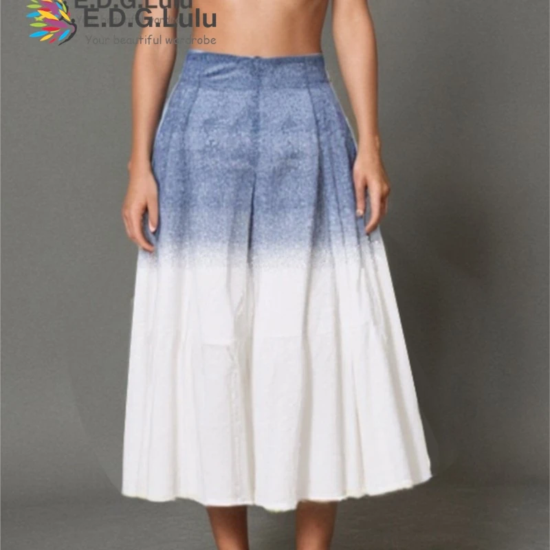 

EDGLuLu 2025 New Fashion Design Blue White Gradient Mid-Length Skirt Woman Casual Street High Waisted Midi Skirt 0708