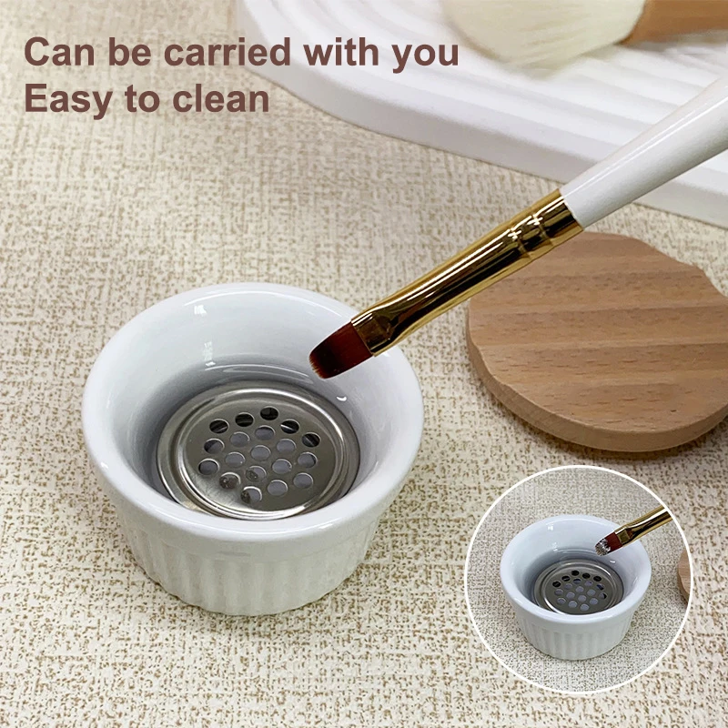 Tasse filtrante en maille d'acier inoxydable, outil pour ongles, brosses à ongles, tasse de lavage, nettoyeur de brosse à ongles en céramique, plat Dappen avec couvercle en bois