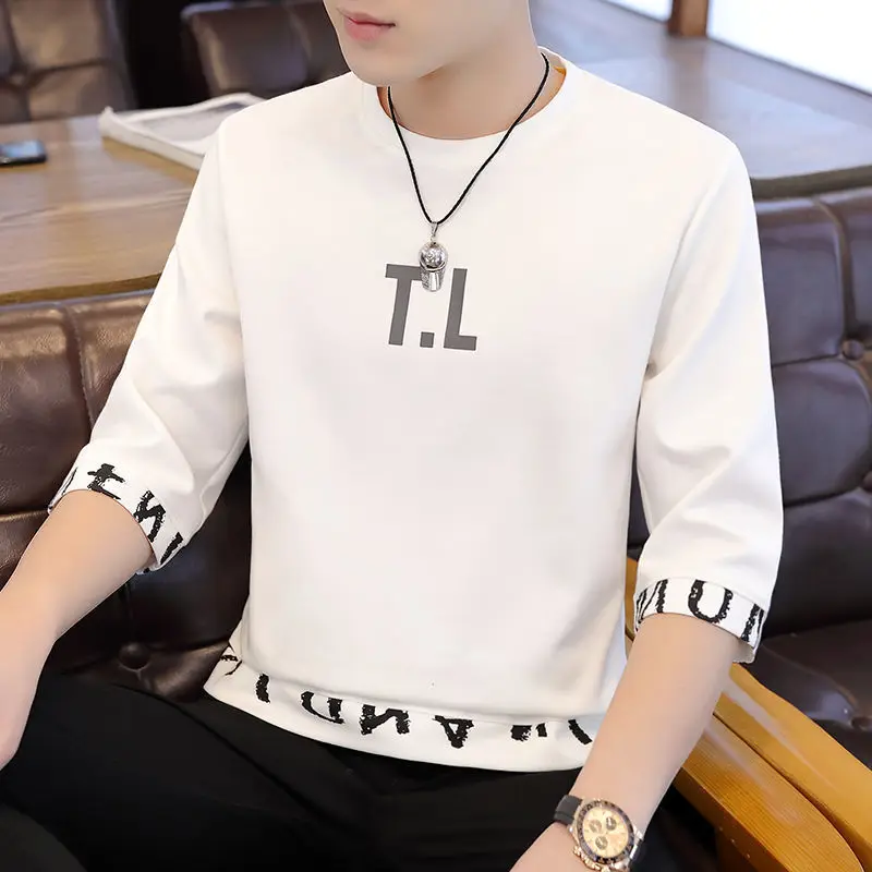 Fashion O-Neck Loose Printed T-Shirt Men's Clothing 2023 Spring New Casual Pullovers Three Quarter All-match Korean Tee Shirt