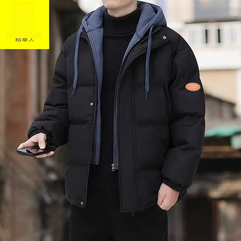 

Мужская свободная куртка-пуховик из хлопка, осенне-зимняя верхняя одежда в корейском стиле, утепленная, с капюшоном, имитация двухслойности, из полиэфирного волокна