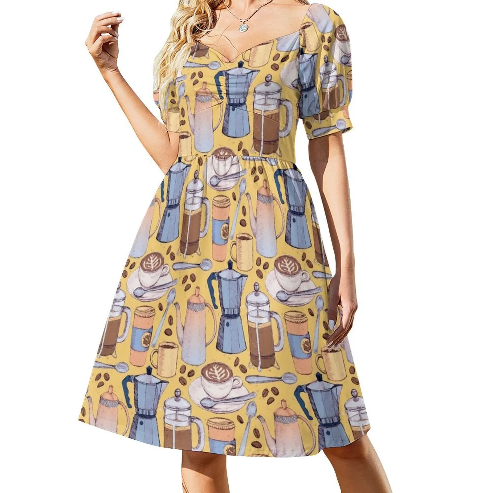 

Coffee Love on Yellow Short-Sleeved Dress festival outfit women luxury women's party dress evening prom Dress