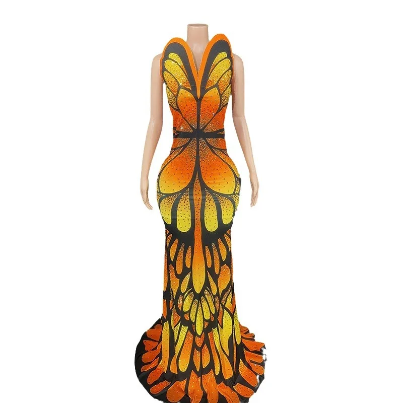 

Orange Butterfly Sexy Slim Sleeveless Long Floor-length Party Dress Ideal For Birthday Parties Party High-End Performance Dress