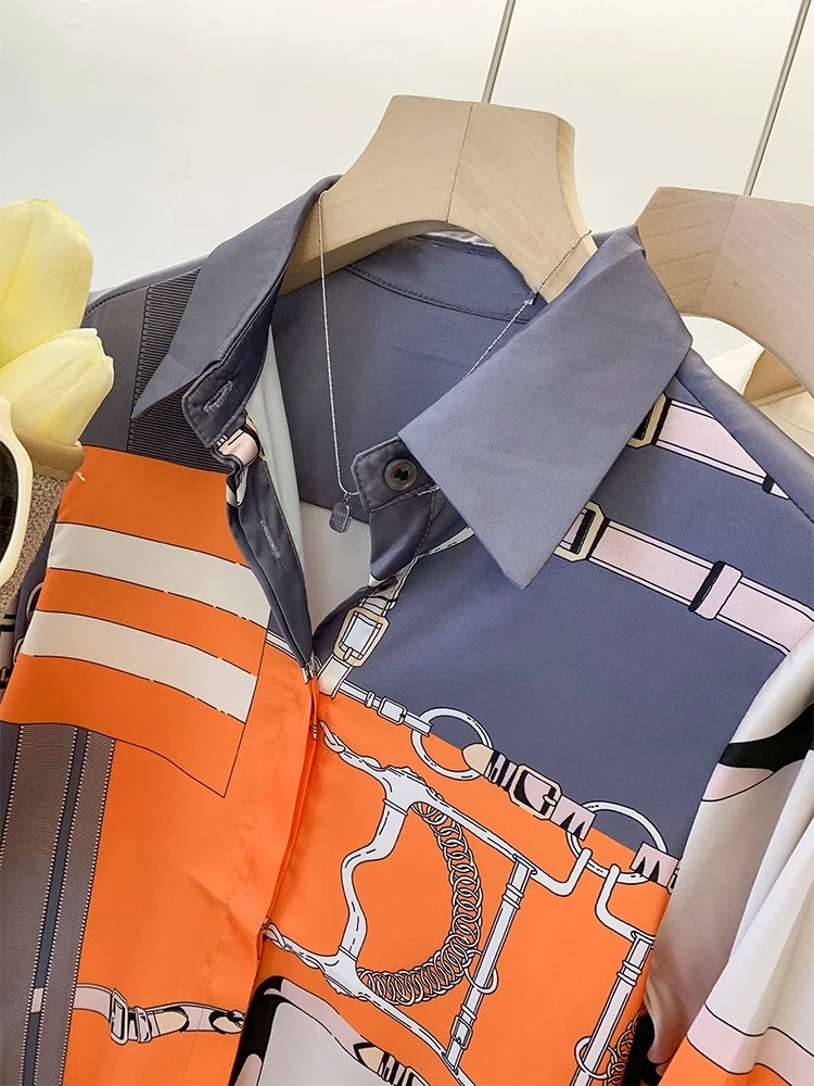2024 Summer  Imitation Silk Orange Grey Long Sleeves Shirt For Women Elegant Fashion Lady Top Clothes