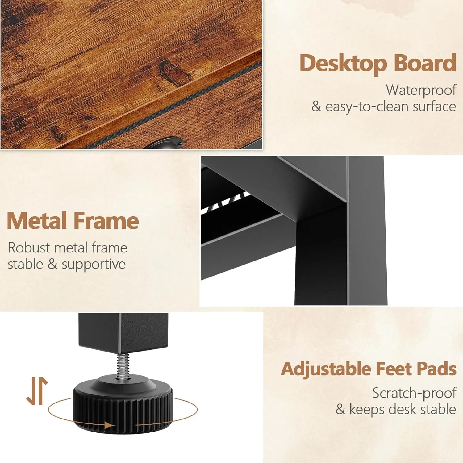 34-Inch Small Computer Desk with 2 Fabric Drawers, Hooks for Bedroom Office Study Makeup Vanity Rustic Brown