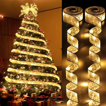 Christmas Ribbon Fairy Light Christmas Decoration DIY Bows String Light Tree Ornaments…