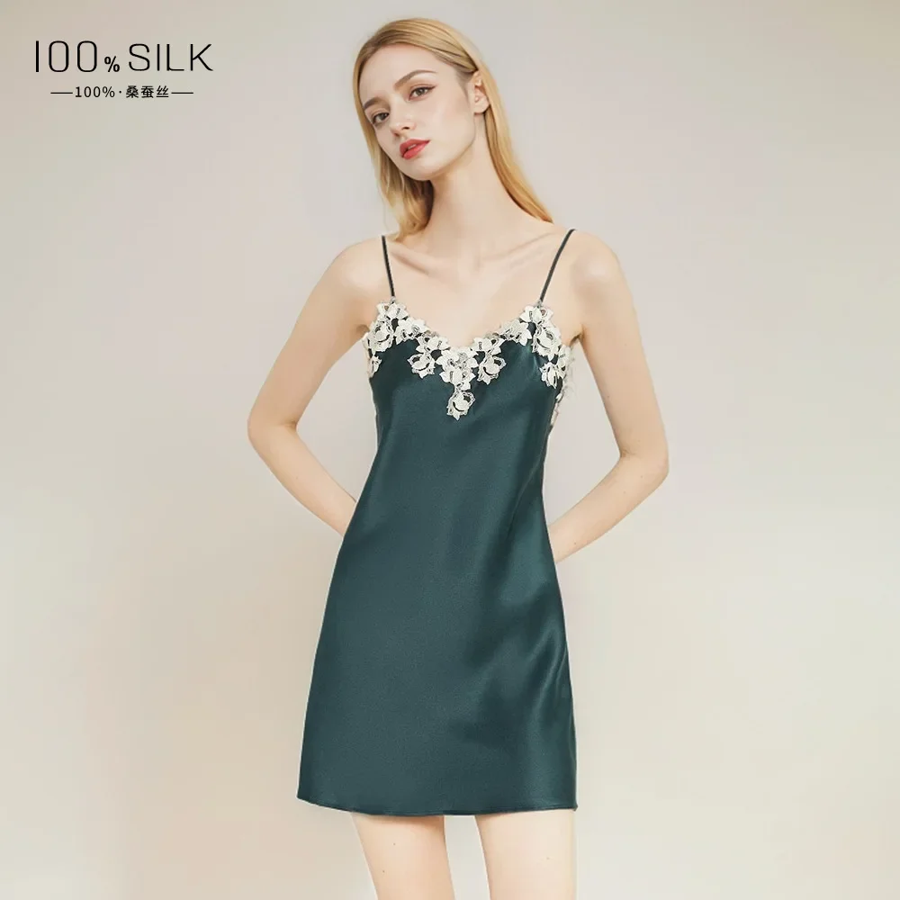 19MM 100% Mulberry Silk Lace Trim Underwear Chemise Short Sling Dresses Summer V Neck Bride Nightgown Sexy Suspender Nightdress