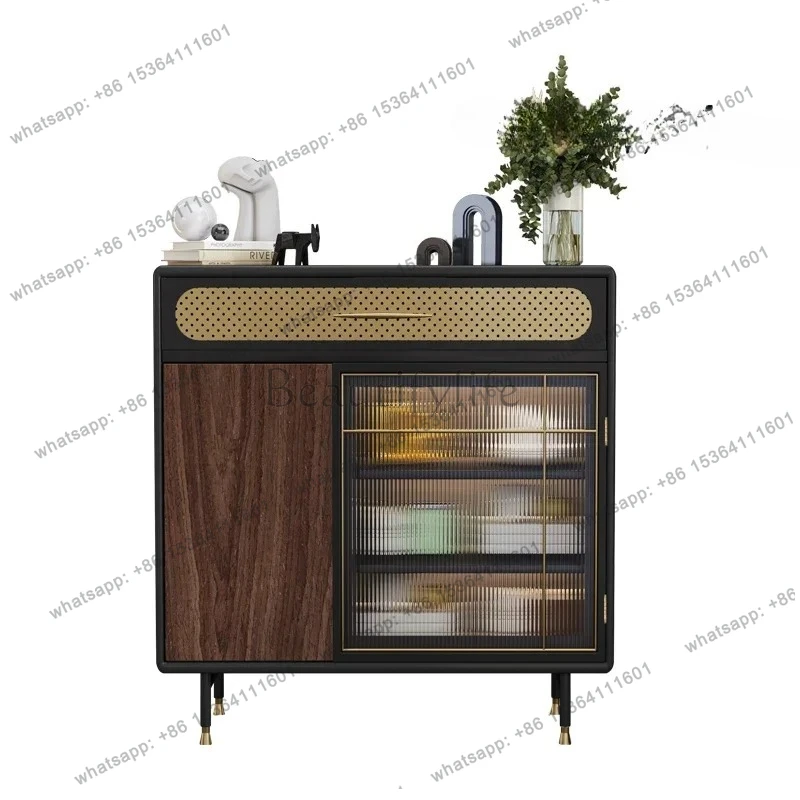 

FG52Italian light luxury door cabinet entry partition cabinet living room with lamp glass side cabinet solid wood storage shoes