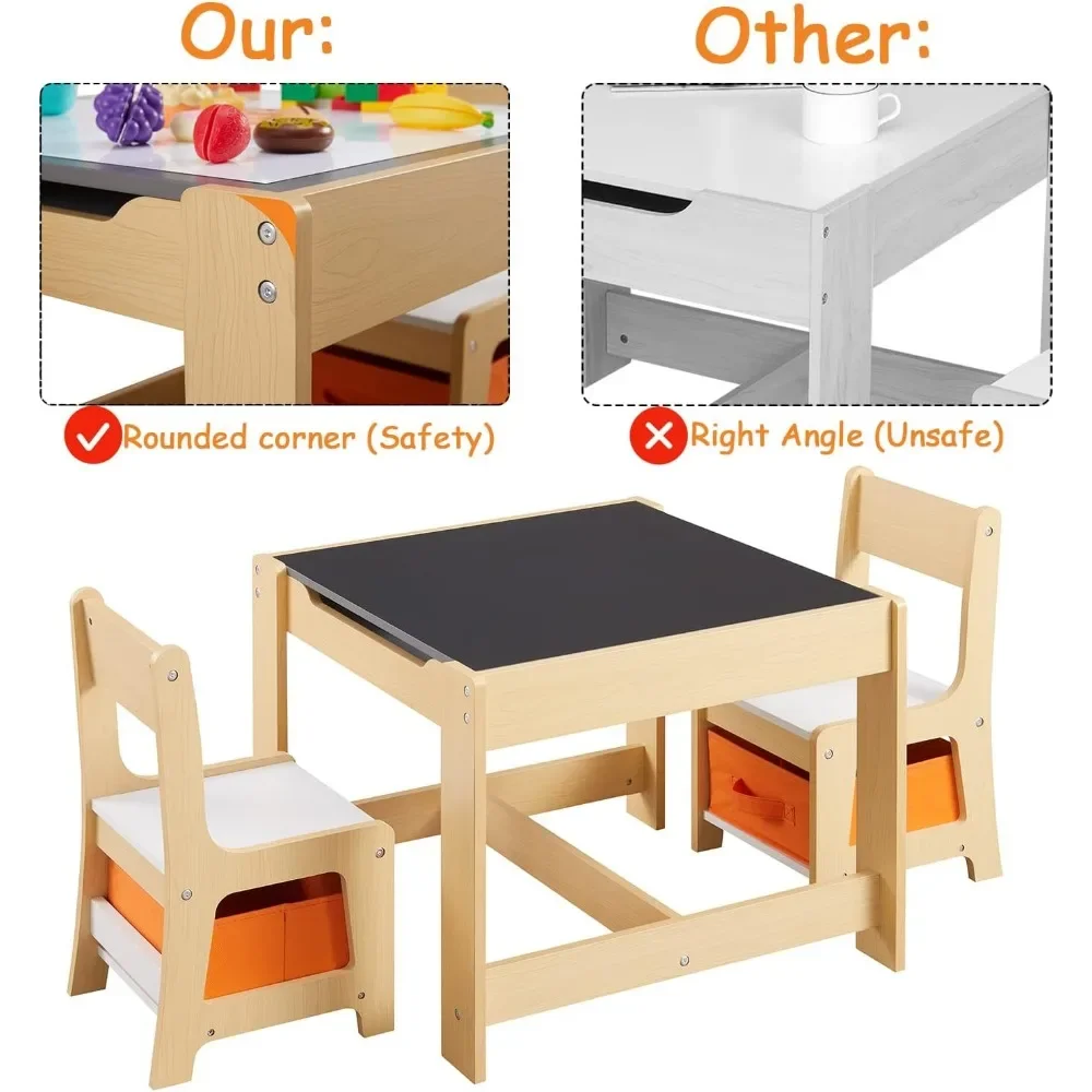 Kids Table and Chair Set, 3 in 1 Wooden Activity Table with Storage Drawer for Toddlers Drawing, Reading, Crafts, Play, 2 in 1