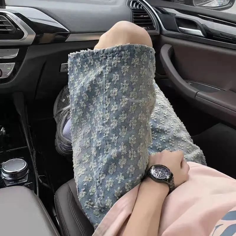 

Fashion 2025 Retro Jacquard Denim Shorts Men's Summer Thin Design Sense Ripped Baggy Punk Luxury Washed Loose Casual Pants