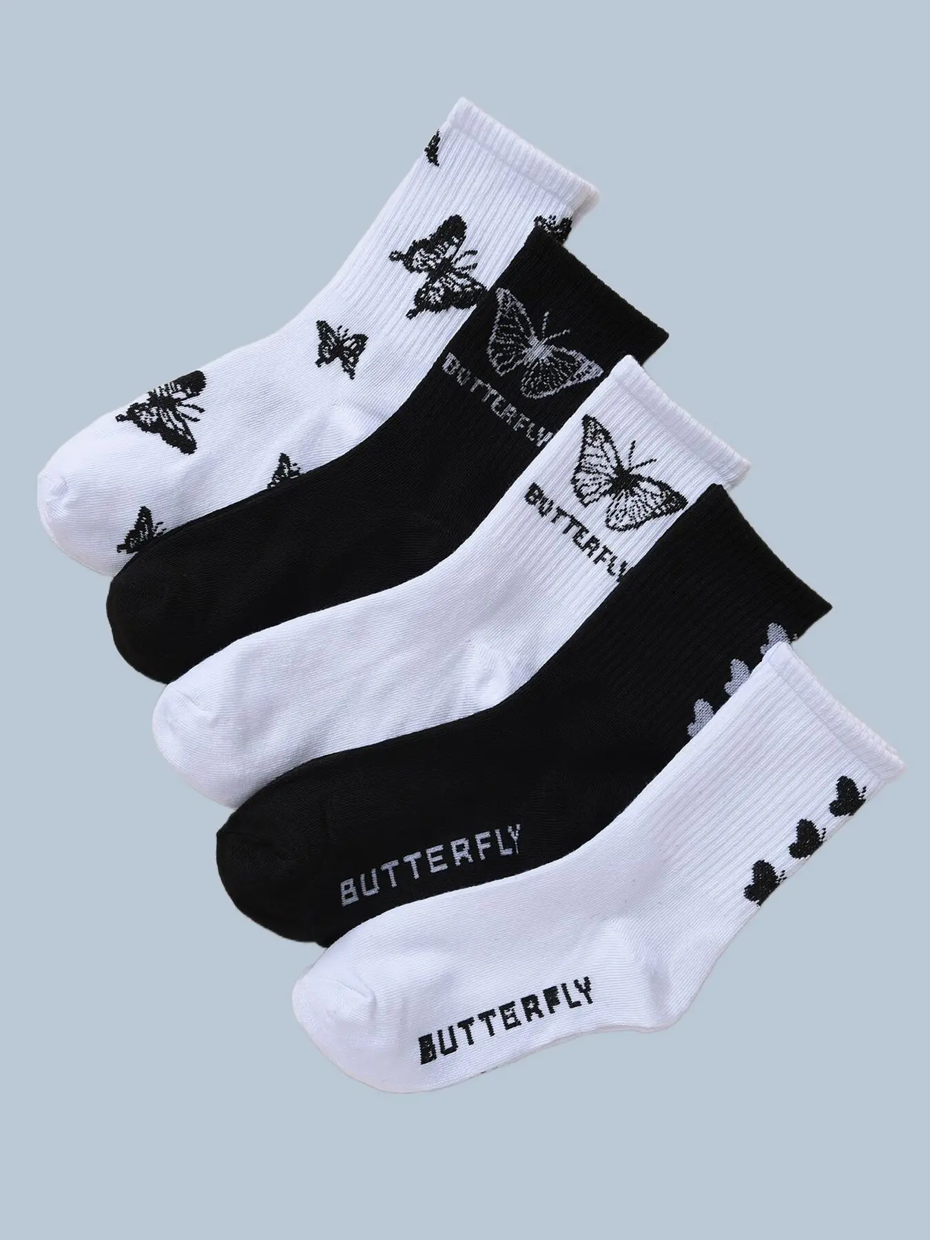 5 Pairs New Women's High Quality Fashion Cotton Socks Mid Length Stockings Set in With Butterfly Pattern Popular Versatile Socks