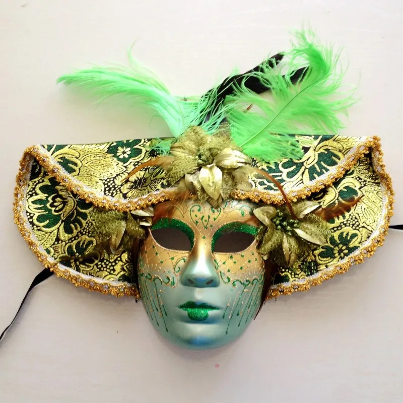 Carnival Italy Venice Full Face Mask Large Hat Style Painted Feather Masque Mask Halloween Props Stage Cosplay Accessory