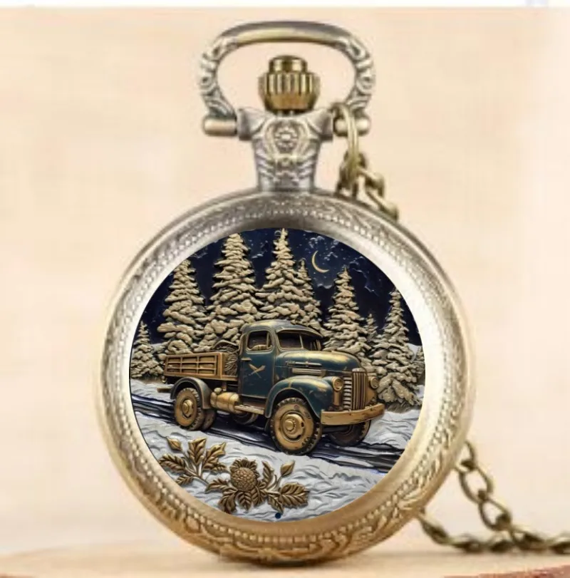 

Bronze Vintage Forest Truck Design Necklace Pendant Quartz Pocket Watch, Exquisite Accessory Great Watch for Men Women and Kids