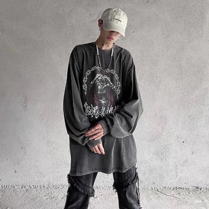 Dark Skeleton Love Print Women O Neck Long Sleeve T Shirt Fall Fashion Vintage Highstreet Hip Hop Loose Clothes Halloween Unisex
