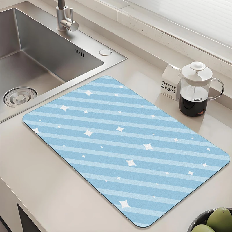

Light Blue Striped Star Kitchen Drying Mat Absorbent Non-slip Quick Dry Pad for Sink
