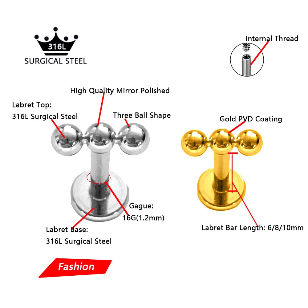 Twist Cross V Shape Labret Stud Marquise Drop Daith Conch Earring Ball Lip Internal Thread Piercing 316L Surgical Steel 16G