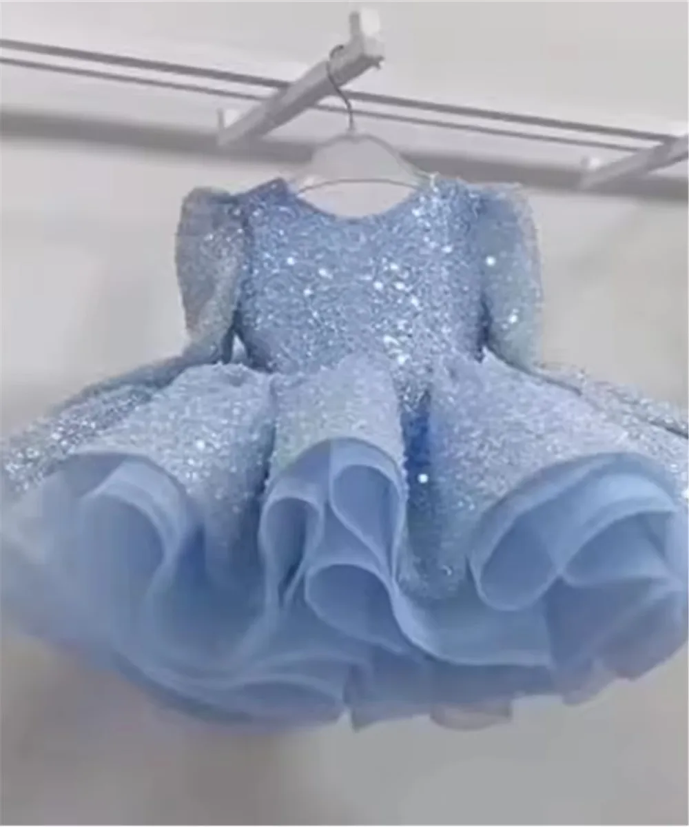 فستان زفاف فتاة الزهور سباركلي مخصص مطرز بأكمام طويلة فستان الأميرة لحفلات أعياد الميلاد والحفلات الراقصة للأطفال فستان التواصل المقدس