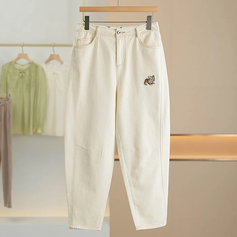 

Pure Cotton Embroidered Little Tiger Harlan Jeans Women's Spring New Style High Waist Long Pants Thin Denim Fabric Zipper Clo...