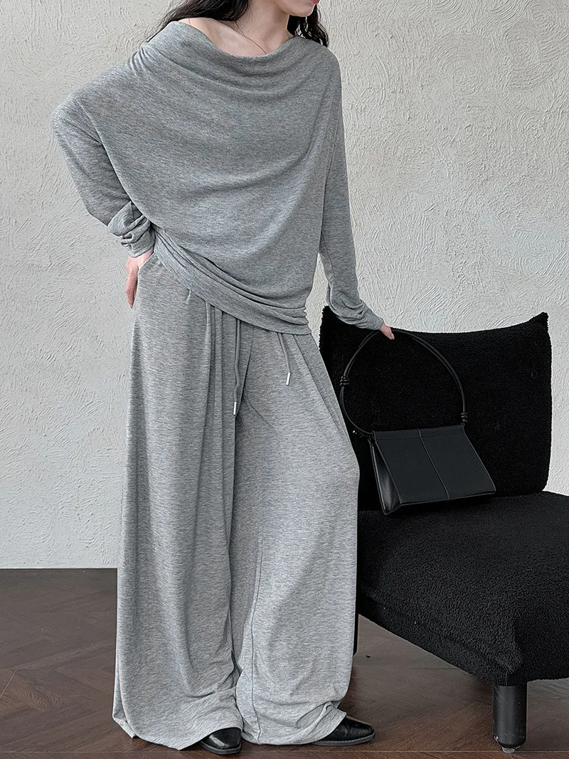

Turn-down Collar Top + High Waist Wide-leg Pants Casual For Women Autumn New Layered Two-piece Set
