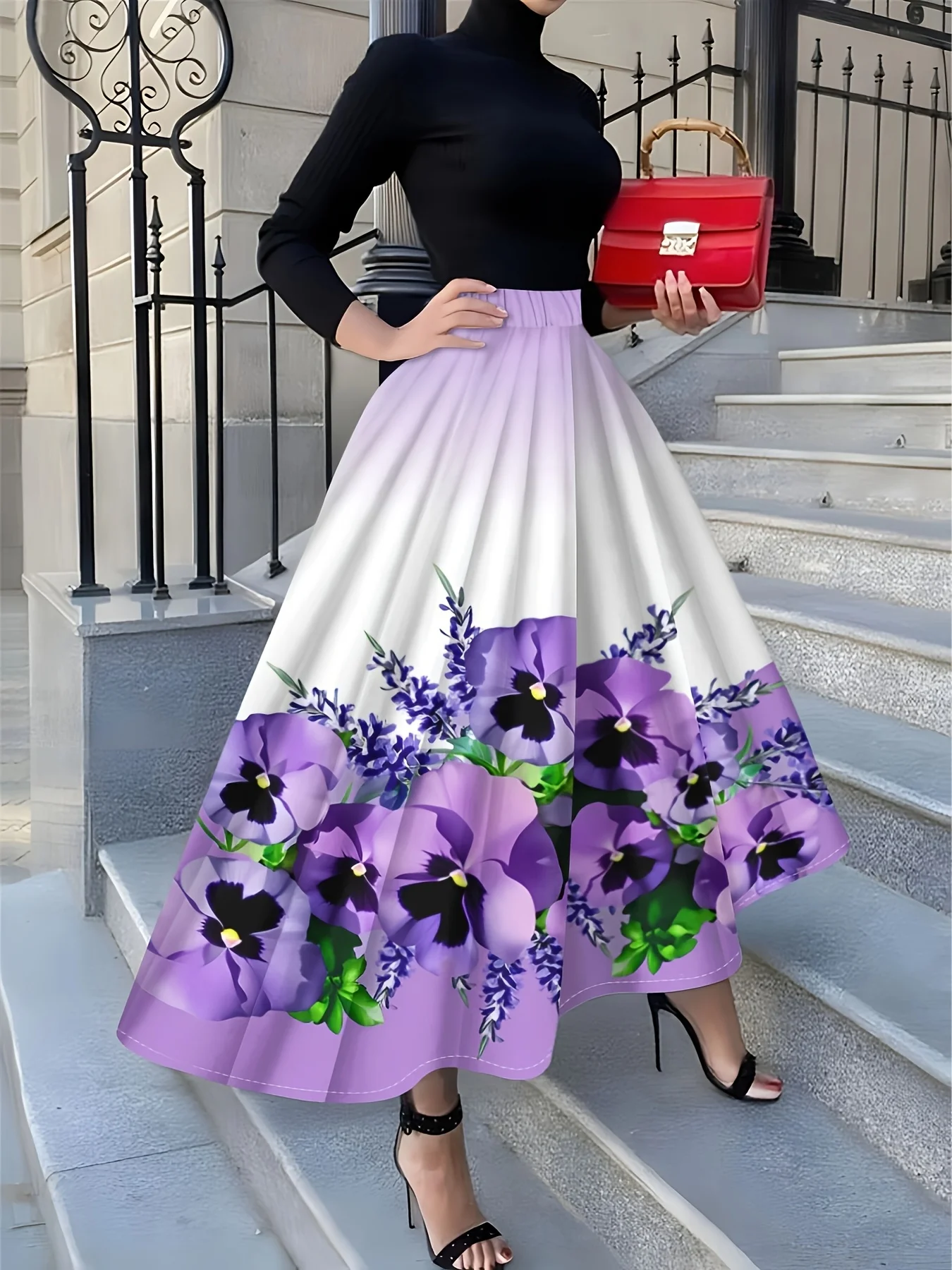 

Пурпурная юбка миди с цветочным принтом и зелеными листьями, черная в центре, повседневная летняя женская юбка с высокой талией, А-силуэт, плиссированная, струящаяся.