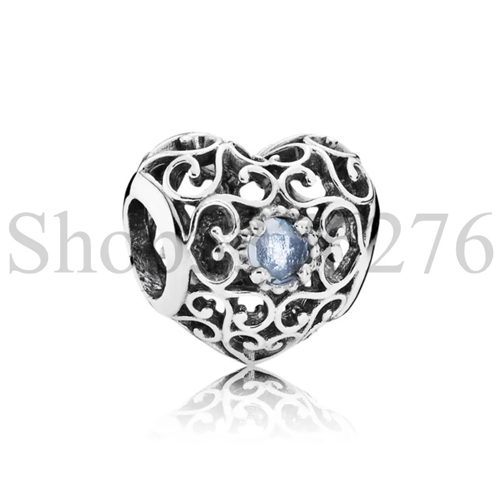 925 Sterling Silver Bead Twelve Months Birthstone March Signature Heart Charm For Fashion Women Bracelet Bangle Gift DIY Jewelry