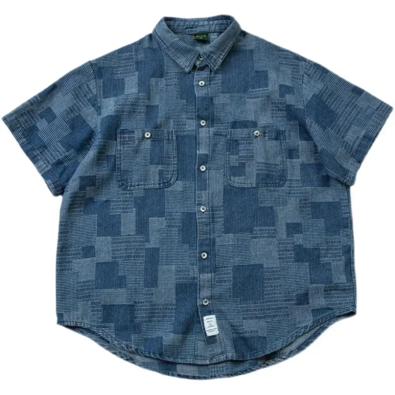 Summer Blue Dye Short Sleeved Japanese National Style Shirt Men's and Women's Loose Style Fashion