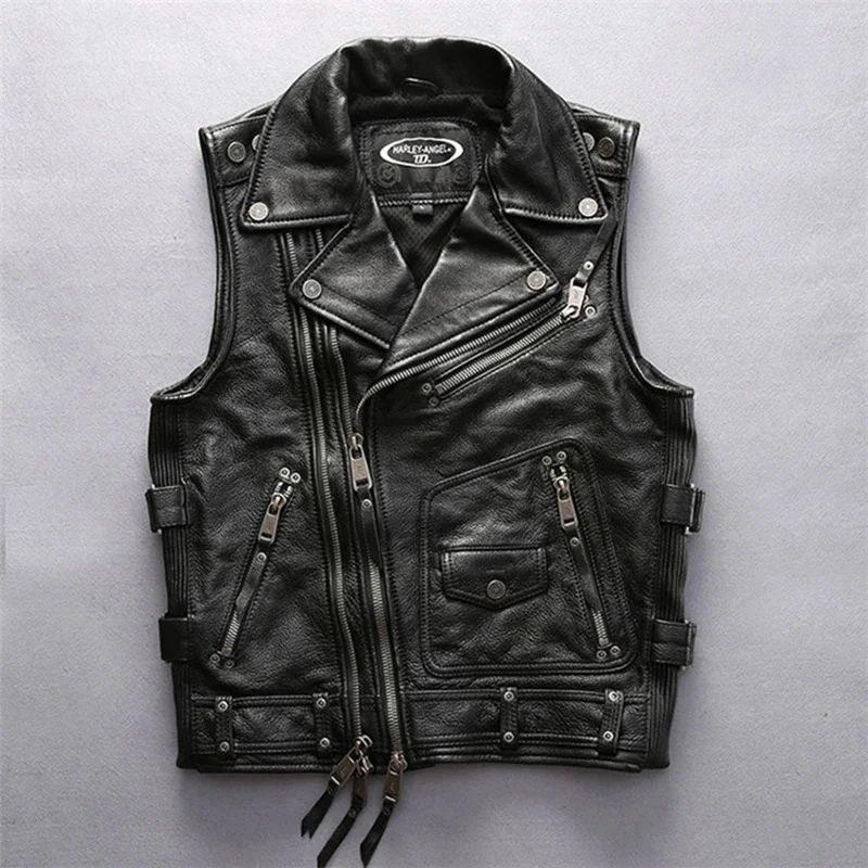 

head Thickened layer cowhide vest lapel slant zipper men's motorcycle undershirt vintage biker sleeveless jacket coat