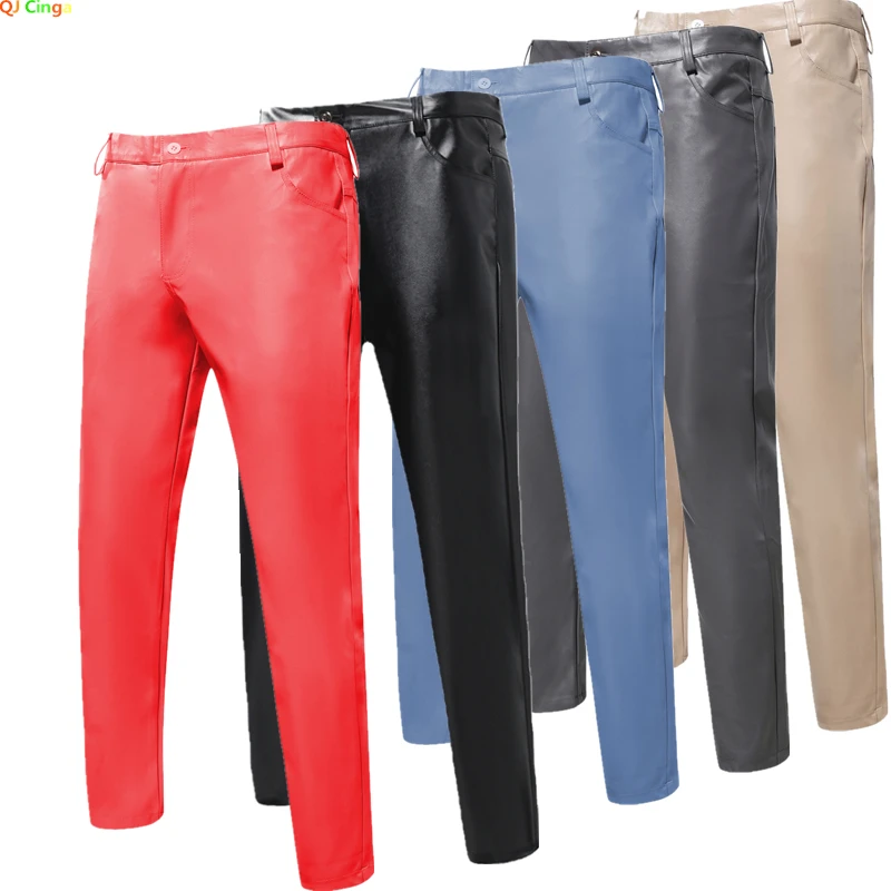 Spring New Red Leather Pants Men\'s, Fashion PU Pant, Asian Size Black Gray Brown Artificial Leather Suit Trousers S-5XL 6XL