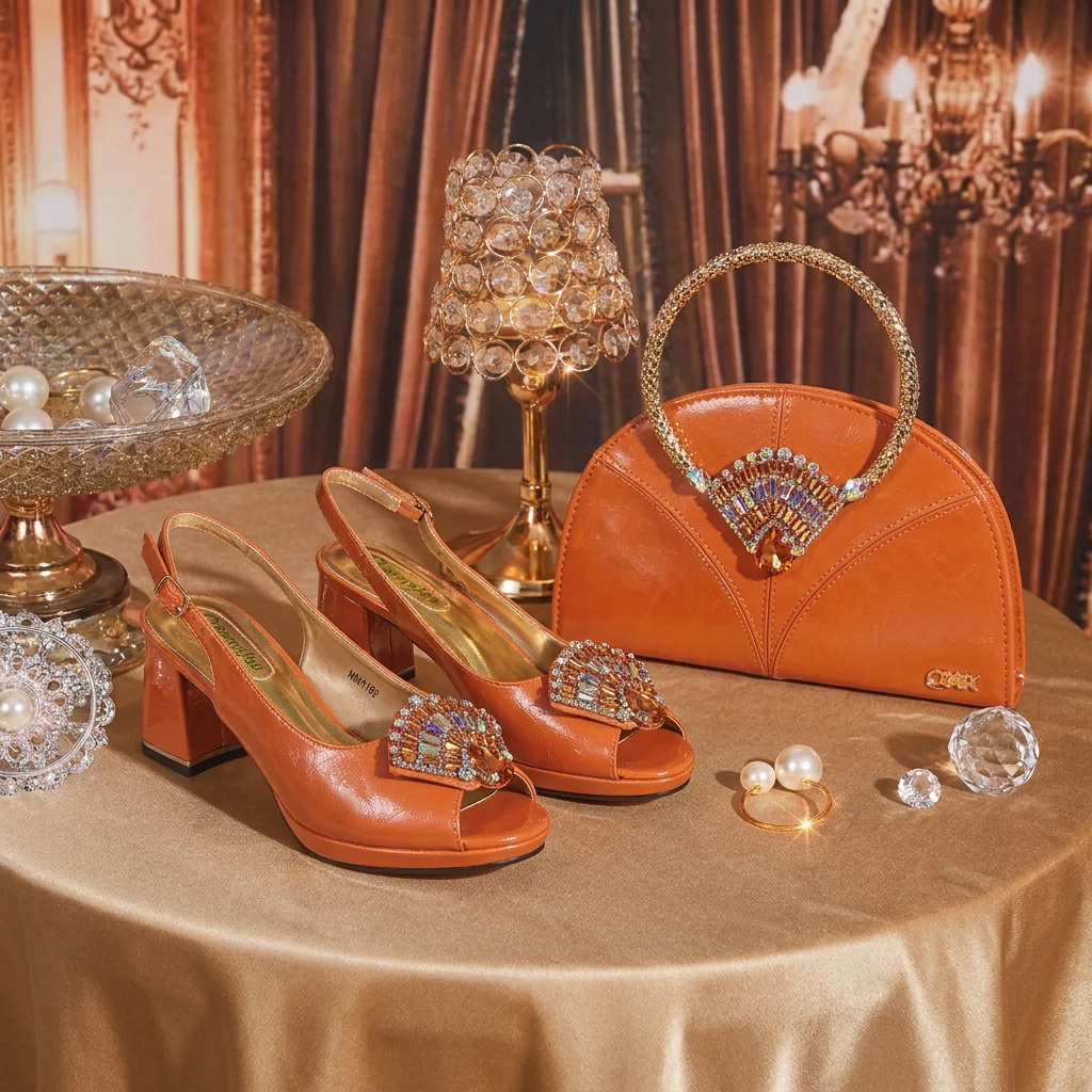 2026 New Orange Peep Toe Heel Shoes and Bag Set Crystal Rhinestone Decor Platform Slingback Heels Elegant Ladies Matching set view 3