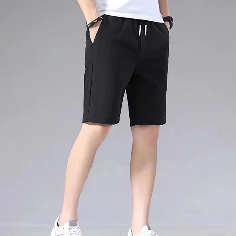 Men Summer Casual Shorts Elastic Waist Drawstring Straight Solidcolor Ice Silk Sports Thin Pocket Knee Length Pants Men Clothing