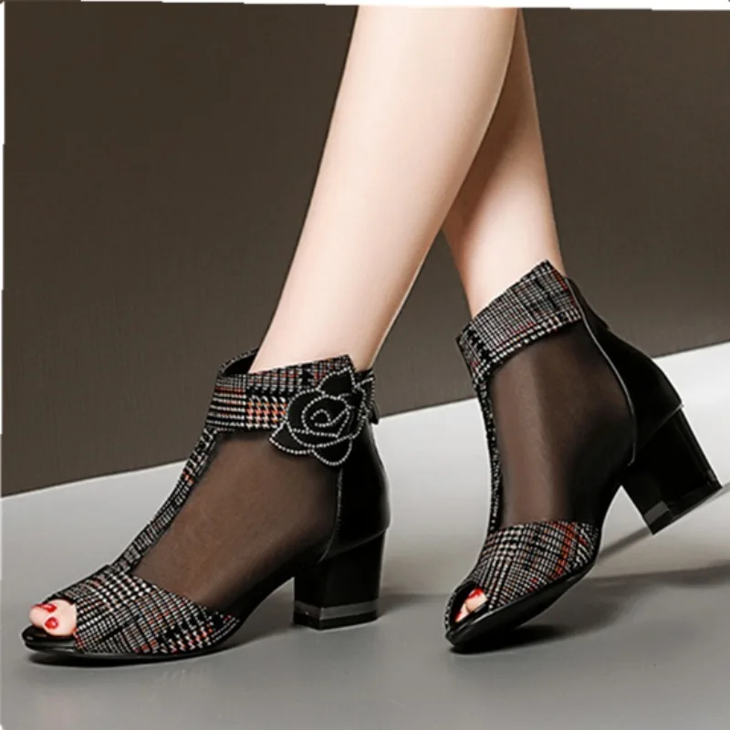 

Fish Mouth Sandals Women's Spring/Summer 2024 New Cool Boots Mesh High Heel Thick Heel Shoes Flower Back Zipper Women's Boots