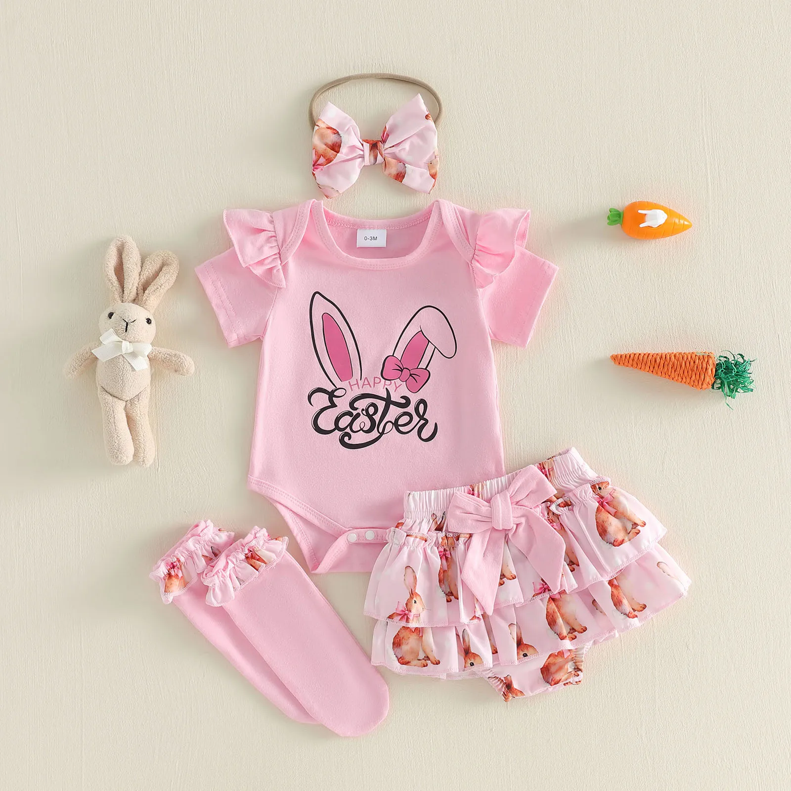 Baby Girls My First Easter Day Shorts Outfits Flying Sleeve Romper Tiered PP Shorts Headband Leg Warmers Sets Easter Costume
