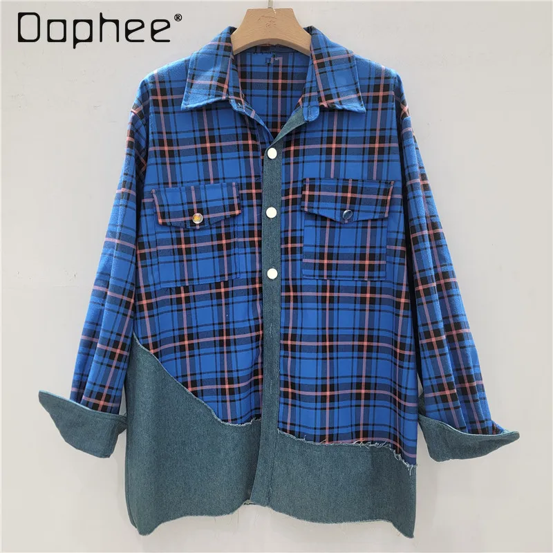 

Autumn Irregular Denim Splicing Rough Edge Pockets Old Plaid Blue Long-sleeved Shirt Trendy Splicing Color Loose Casual Shirts