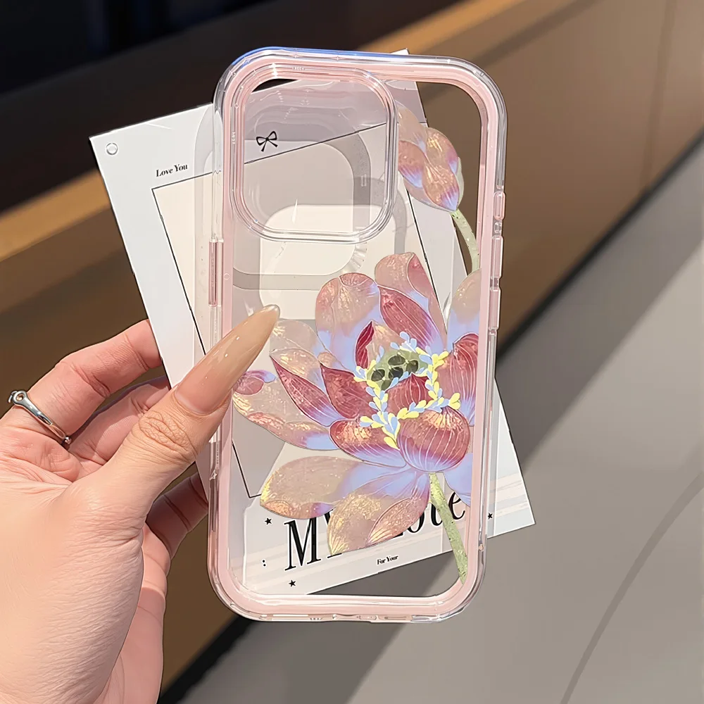 Transparente TPU-Rosa-Lotus-Handyhülle für iPhone 17 Pro 16 11 13 Pro Max 17 12 13 15 14 Air Shockproof Funda Cover Silikon Luxus
