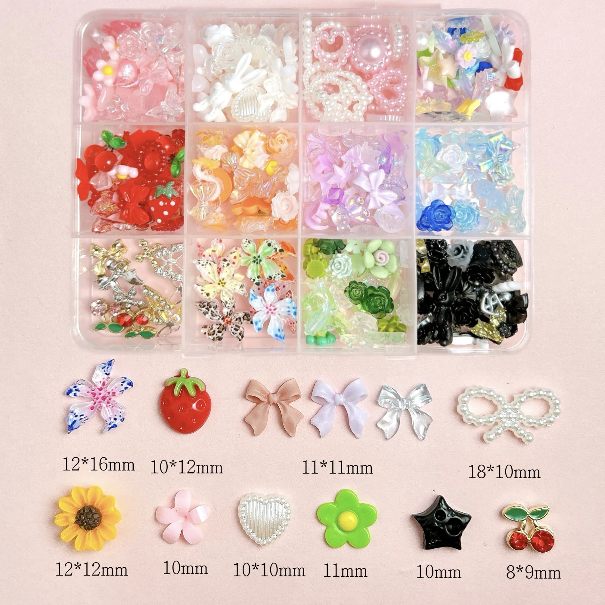 1Set Colorful Mini Rhinestones Sweet Bow Flower Resin Nail Charms Simulated Flatback Pearl Alloy Cherry Nail Art Decoration DIY
