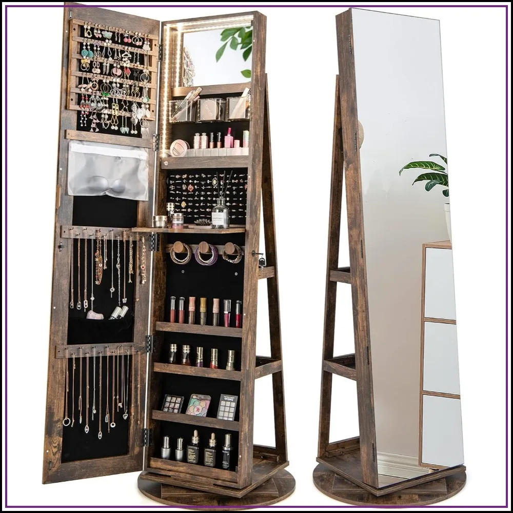 360° Swivel Jewelry Armoire with Full Length Mirror, Lockable Storage Cabinet, Rustic Brown