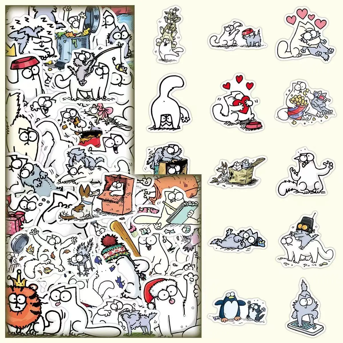 50PCS Cute Cartoon Kitten Illustration Stickers, Funny Simple Line Drawing Meme Decals for Journal & Notebook DIY Decor