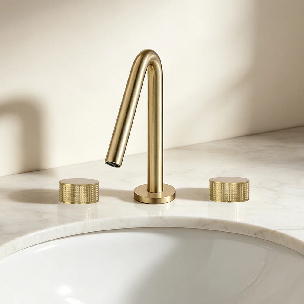 Double Handles Brushed Gold Bathroom Sink Faucet 3 Holes Deck Mounted Split Type Rotatable Hot Cold Water Mixer Tap