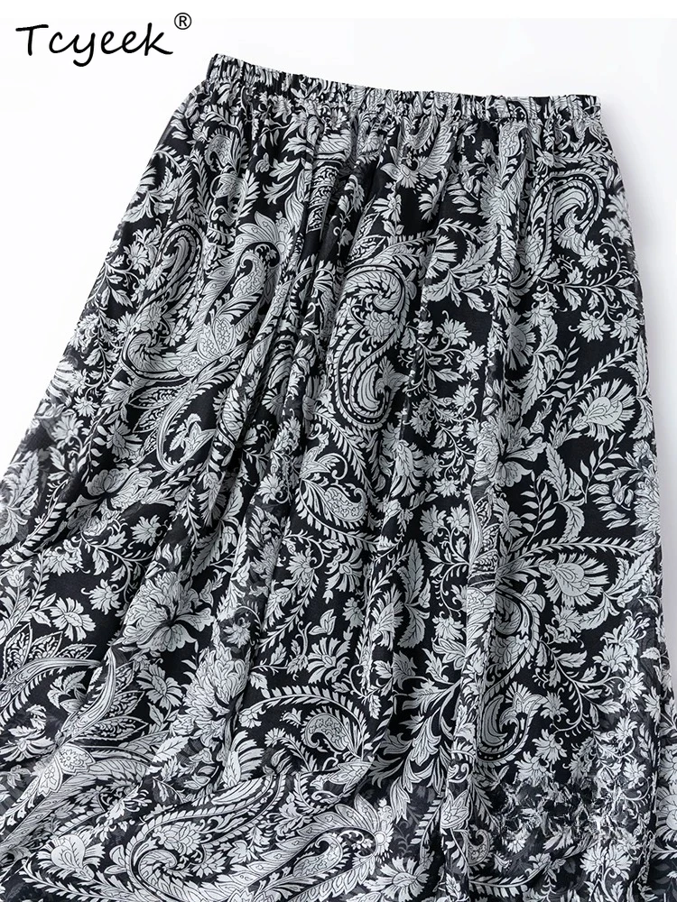 Tcyeek 100% Real Silk Skirts Women 2026 Spring Classic Vintage Flowing Two-layer Beach Skirt Female Clothing Faldas Para Mujeres