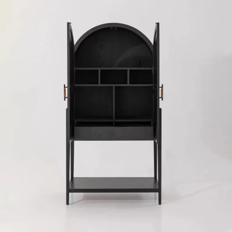 North American retro black solid wood dining side cabinet French simple secret cabinet living room arched medieval wine cabinet