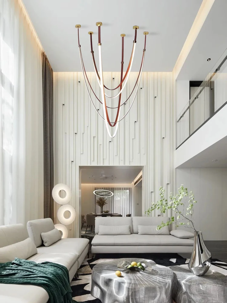 

Illuminate Your Living Room With Our LED Flexible Leather Belt Chandelier Gold Chrome Hardware Pendant Light Dimming Function