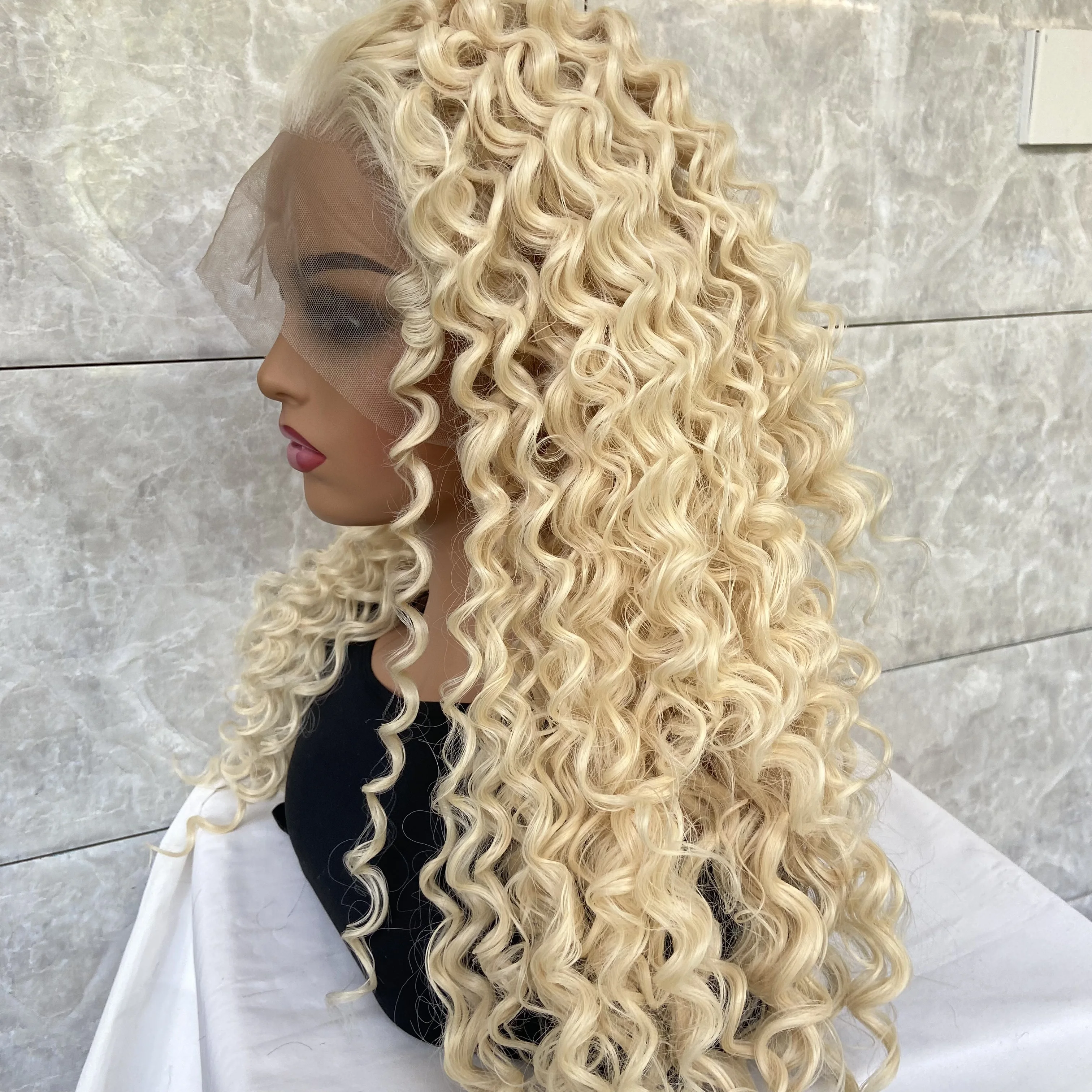 Fashiomag-Long Kinky Curly Blonde Full Lace Front Wig para Mulheres, Cabelo Humano Natural, Blend Heat Ok Wigs, Uso Diário, #613