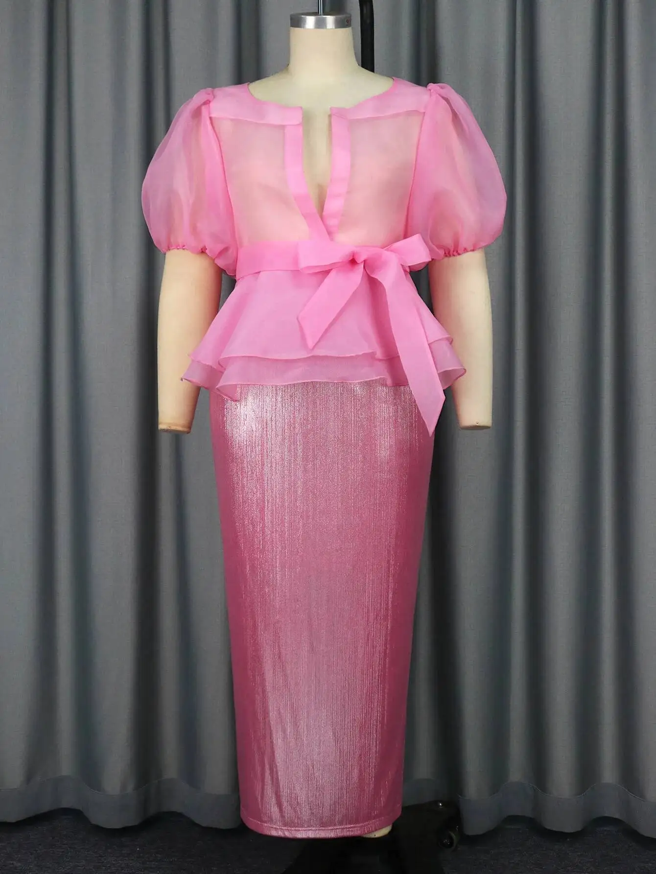 Ärmel Sexy Puff Sheer Bowknot Bluse Slim Fit, Figurbetontes Kleid Elegantes Zweiteiliges Set Designer 2025, Sommerkleid Robe Vestido Frauen