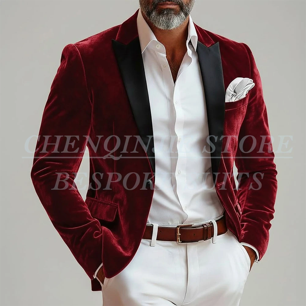 

Formal Men's Suits Blazer Luxury Single Breasted Velvet Blazer With White Trousers Slim Fit Wedding 2 Piece Jacket Pants Terno