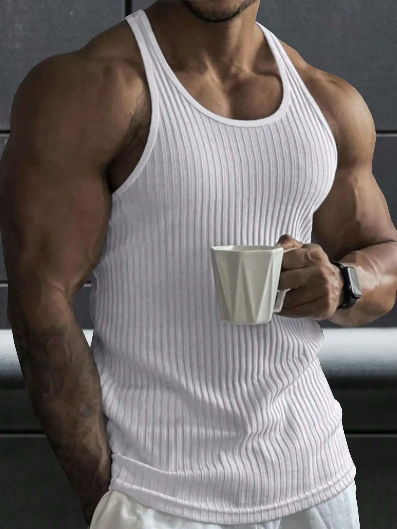 

Men's White Ribbed Knit Sleeveless Tank Top for Gym and Casual Wear