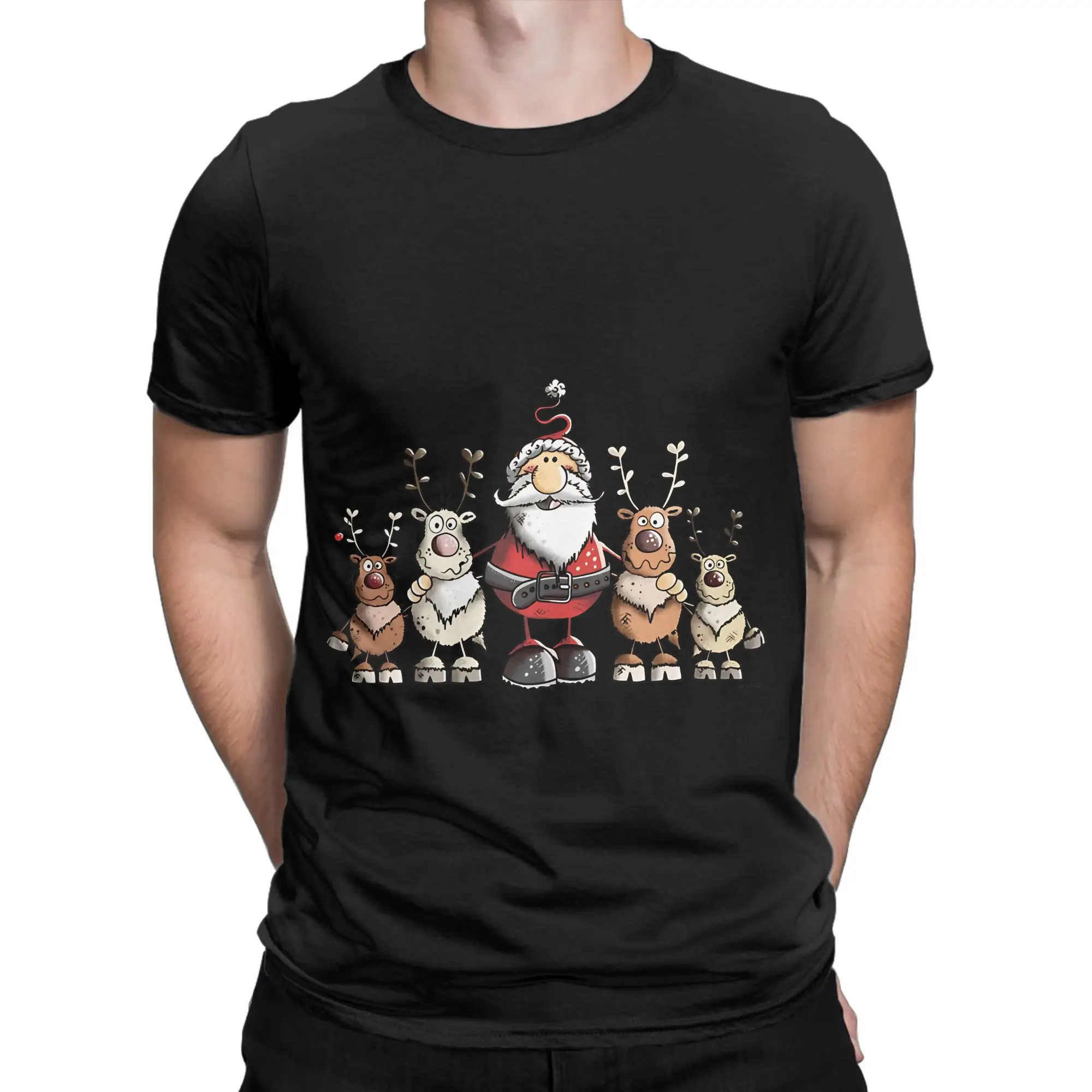 Funny Santa Claus Between Reindeers Classic Shirt Funny Graphic 100% Cotton T-Shirt Merry Christmas Tees Tops For Men