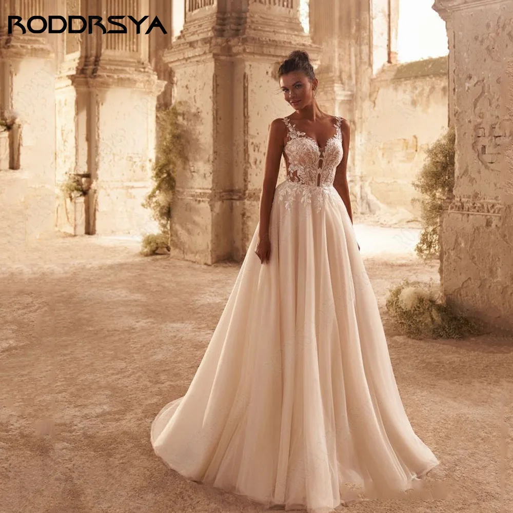 RODRSYA Vintage A-Line Pizzo Abiti da sposa 2024 Senza maniche Vedere attraverso RODDRSYA abiti da sposa Vintage in pizzo a-line 2024 senza maniche vedere attraverso abiti da sposa Backless Sweep Train Vestidos Blancos