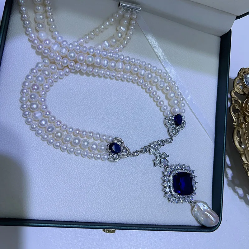 Luxurious Sapphire Blue Zircon Accessories Pearl Necklace Multi-layered Elegant Necklace