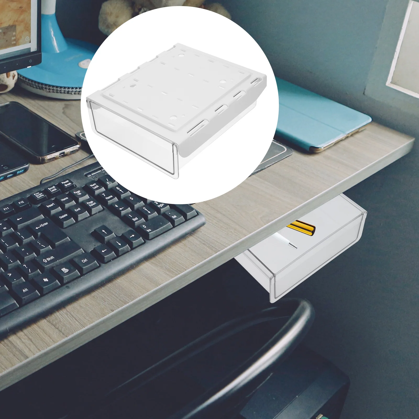 

Sturdy Under Desk Drawer Organizer Storage Box Large Capacity Hidden Desktop Smooth Sliding Abs Pvc Acrylic Material