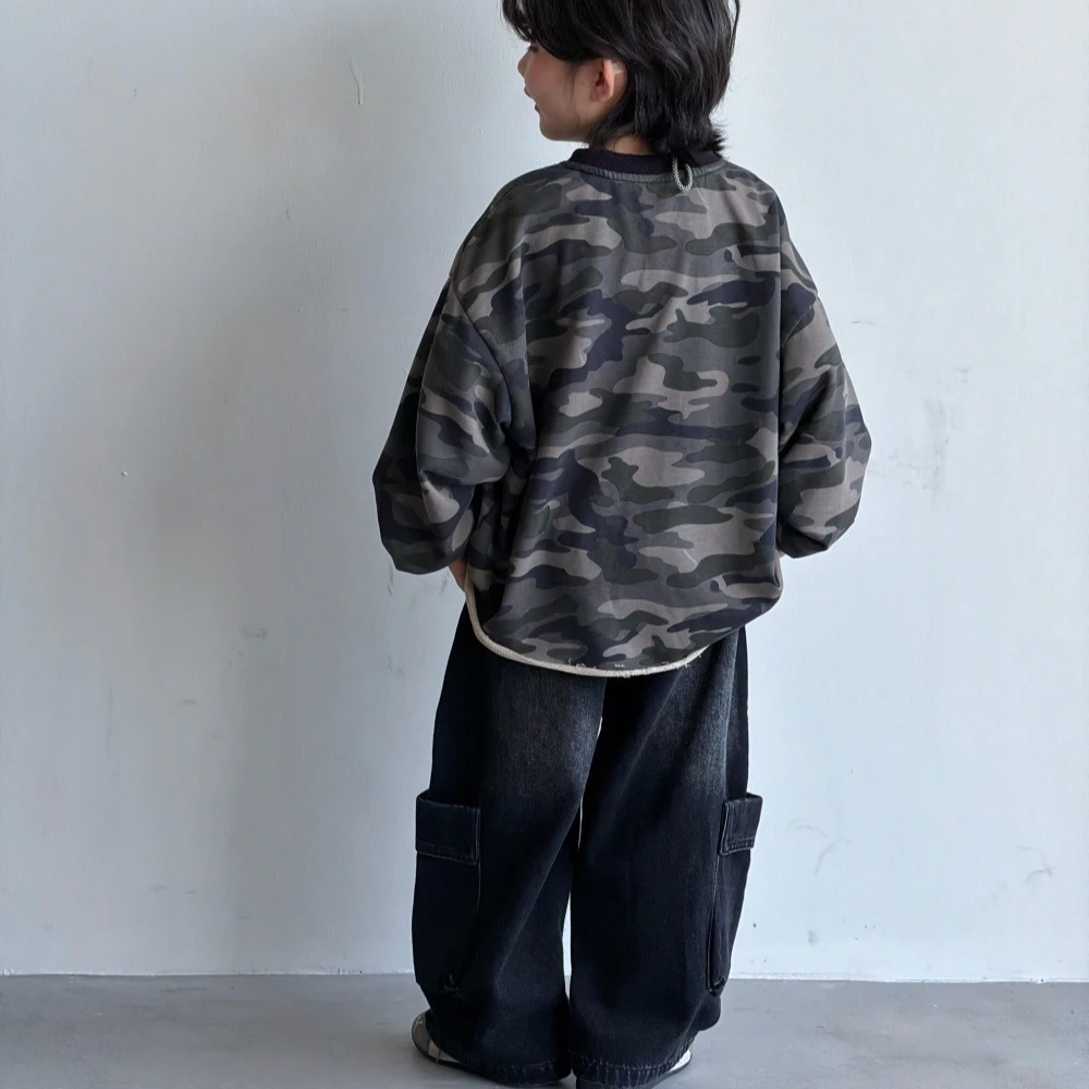 Boys Suit 2026 Spring and Autumn New Childrens Wear Korean Boys and Girls Camouflage Hoodie Spray White Jeans Two-piece Set