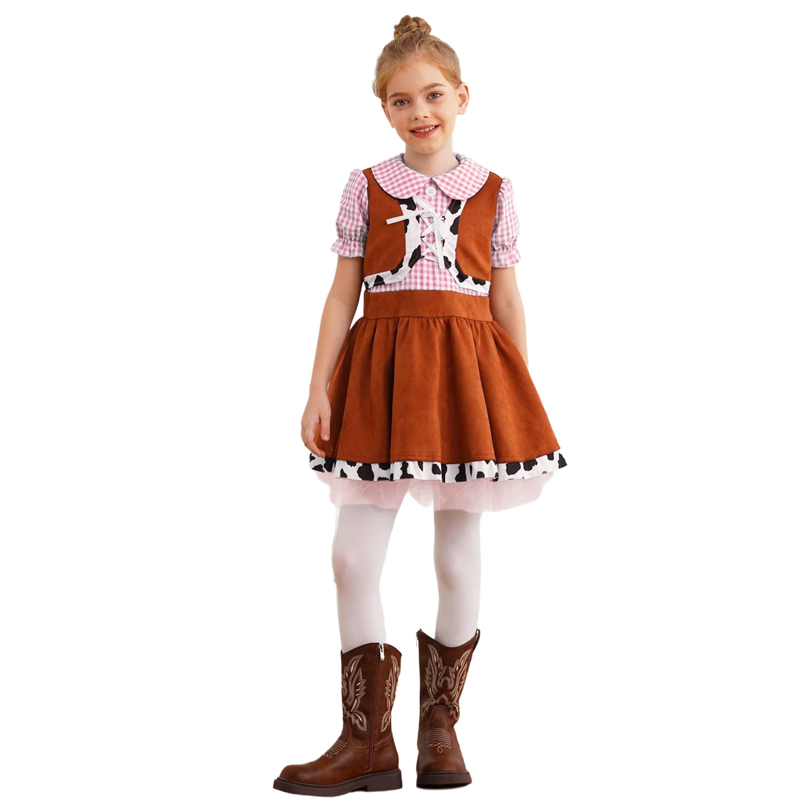 

Western Cowboy Cowgirl Dress Costume Cow Print Gingham A-line Dress Halloween Carnival Cosplay Dress Up Costume